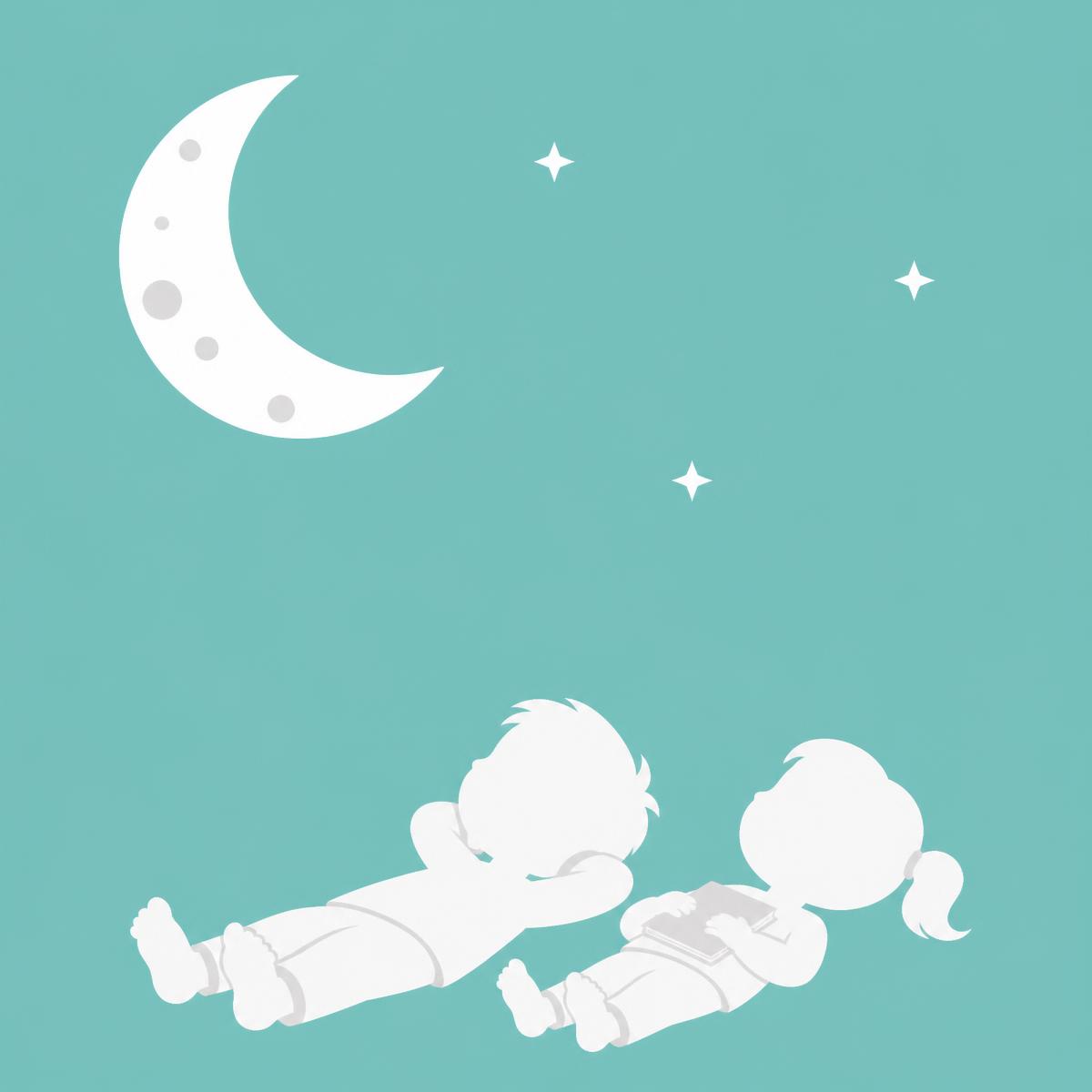 Two children lying beneath a white crescent moon