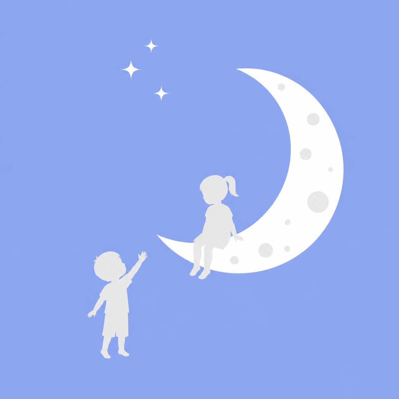 Two children by a white crescent moon, one sitting on it and one reaching up